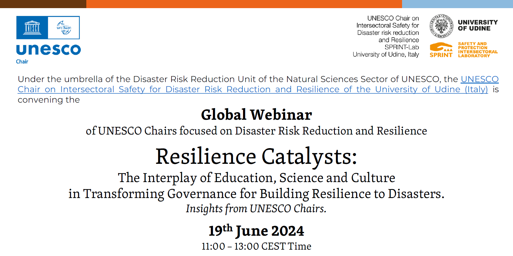 Resilience Catalyst – Global Webinar of UNESCO Chairs focused on Disaster Risk Reduction and Resilience – June 19, 2024.